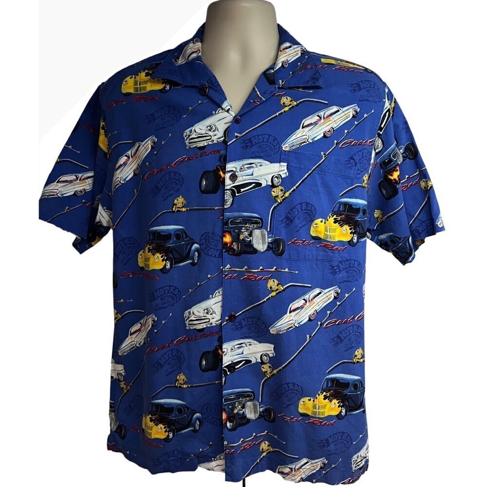 Bluewater Wear Vintage Hawaiian Blue Button Shirt Medium Pocket Classic Hot Rods